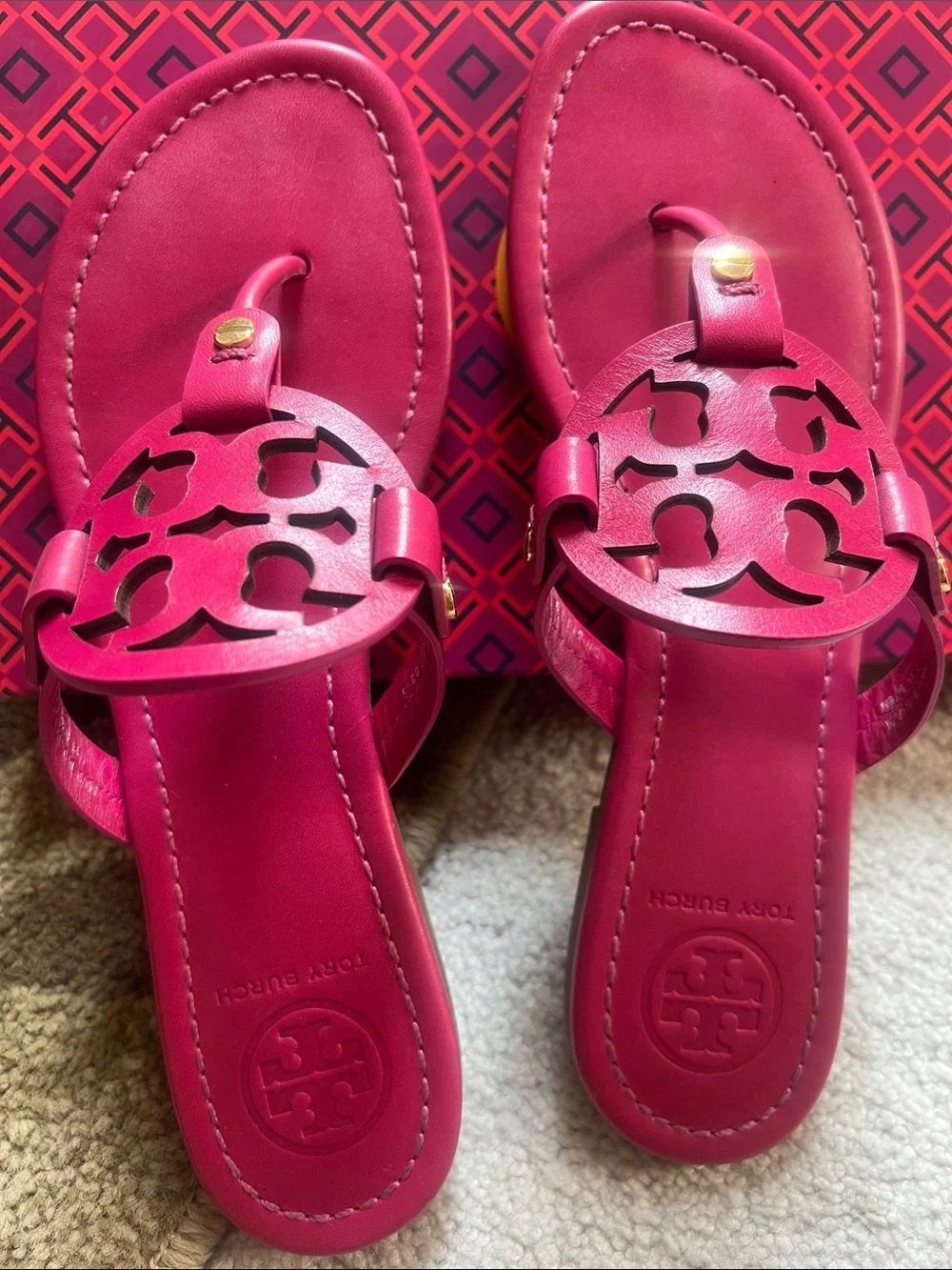 Tory Burch Hot Pink Miller Leather Thong Sandals